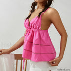 Pink Tie Hollow Boho Crop Top
