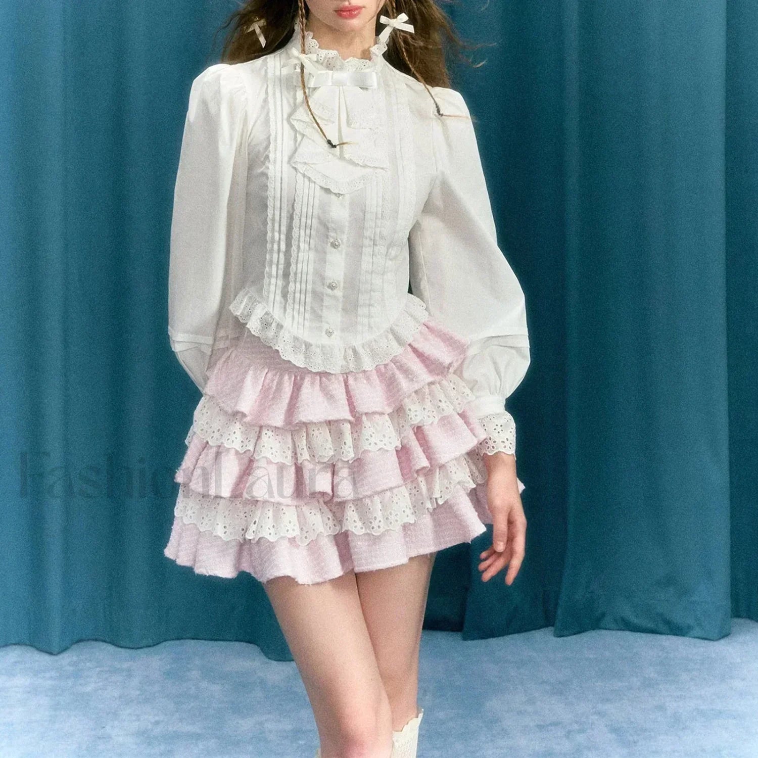 Plaid Lace Patchwork Skirt Pink / S