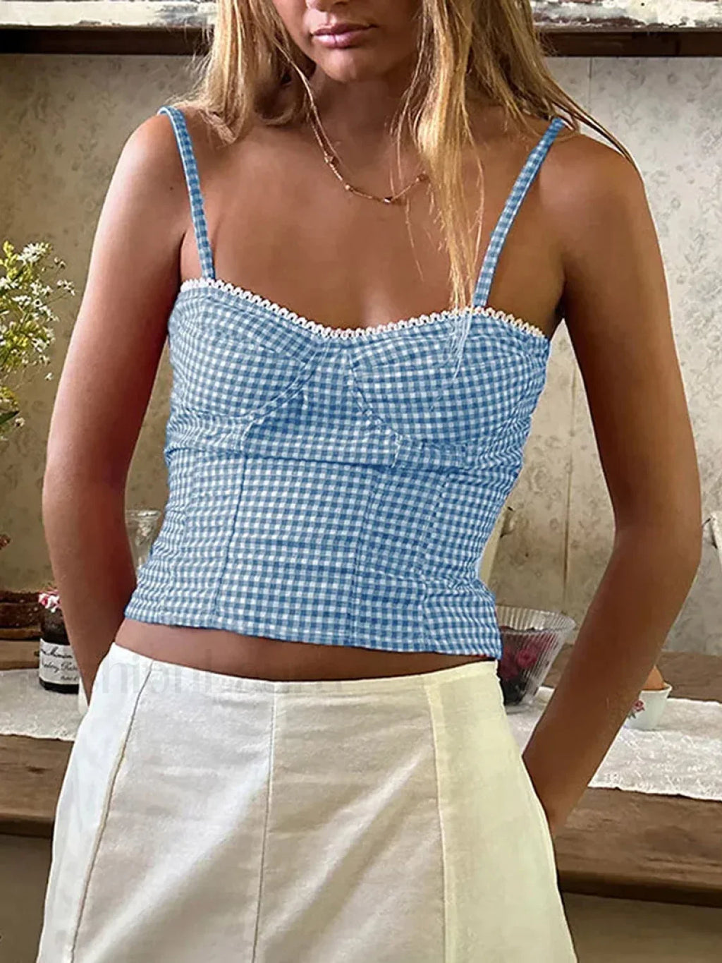 Plaid Open Back Low Crop Top