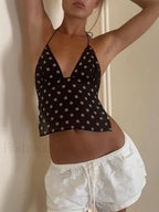 Polka Dot Tie Back Crop Top Black / S