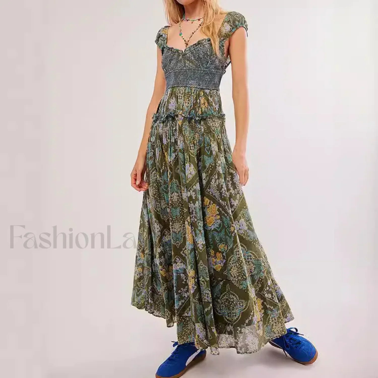 Printed Chiffon Short Sleeve Boho Dress
