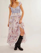 Printed Chiffon Short Sleeve Boho Dress Lotus root color / S