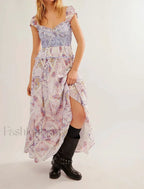 Printed Chiffon Short Sleeve Boho Dress Lotus root color / S
