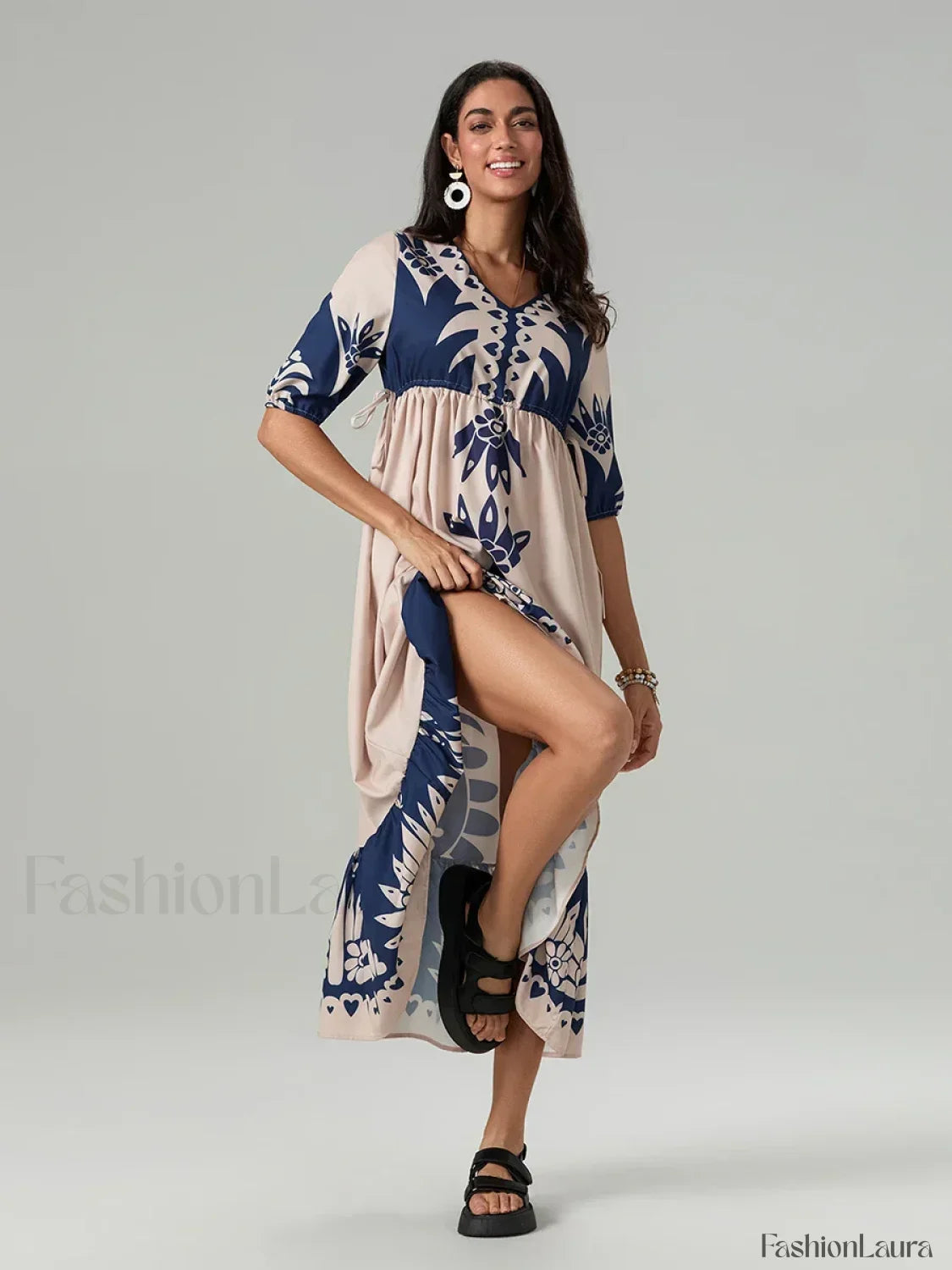 Printed V Neck Summer Boho Dress