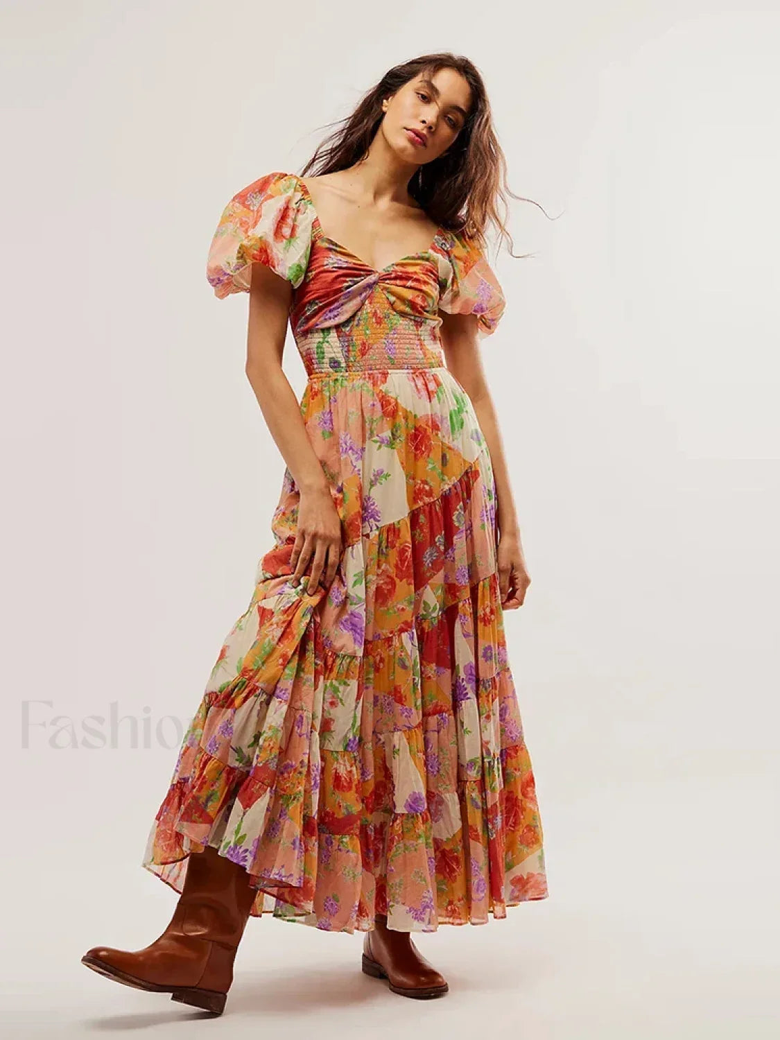 Puff Sleeve Vintage Floral Dress Orange / XS