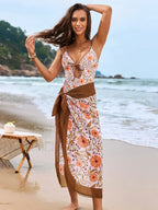 Retro Print Lace up One Piece camel set / S
