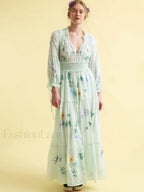 Retro V Neck Elastic Boho Dress Light Green / S