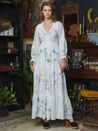 Retro V Neck Elastic Boho Dress White / S