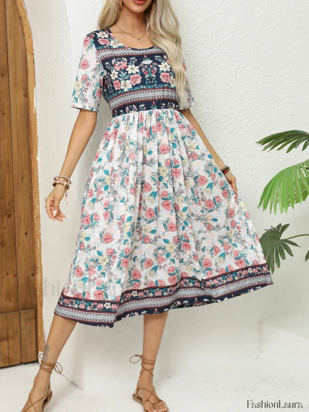 Round Neck Bohemian Print Boho Dress SKY BLUE / S