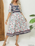 Round Neck Bohemian Print Boho Dress SKY BLUE / S