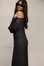 Round Neck Off Shoulder Hollow Knitted Bodycon Maxi Dress Black / S