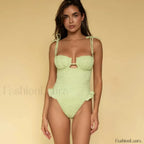 Ruffle V Neck Bathing One Piece green / S
