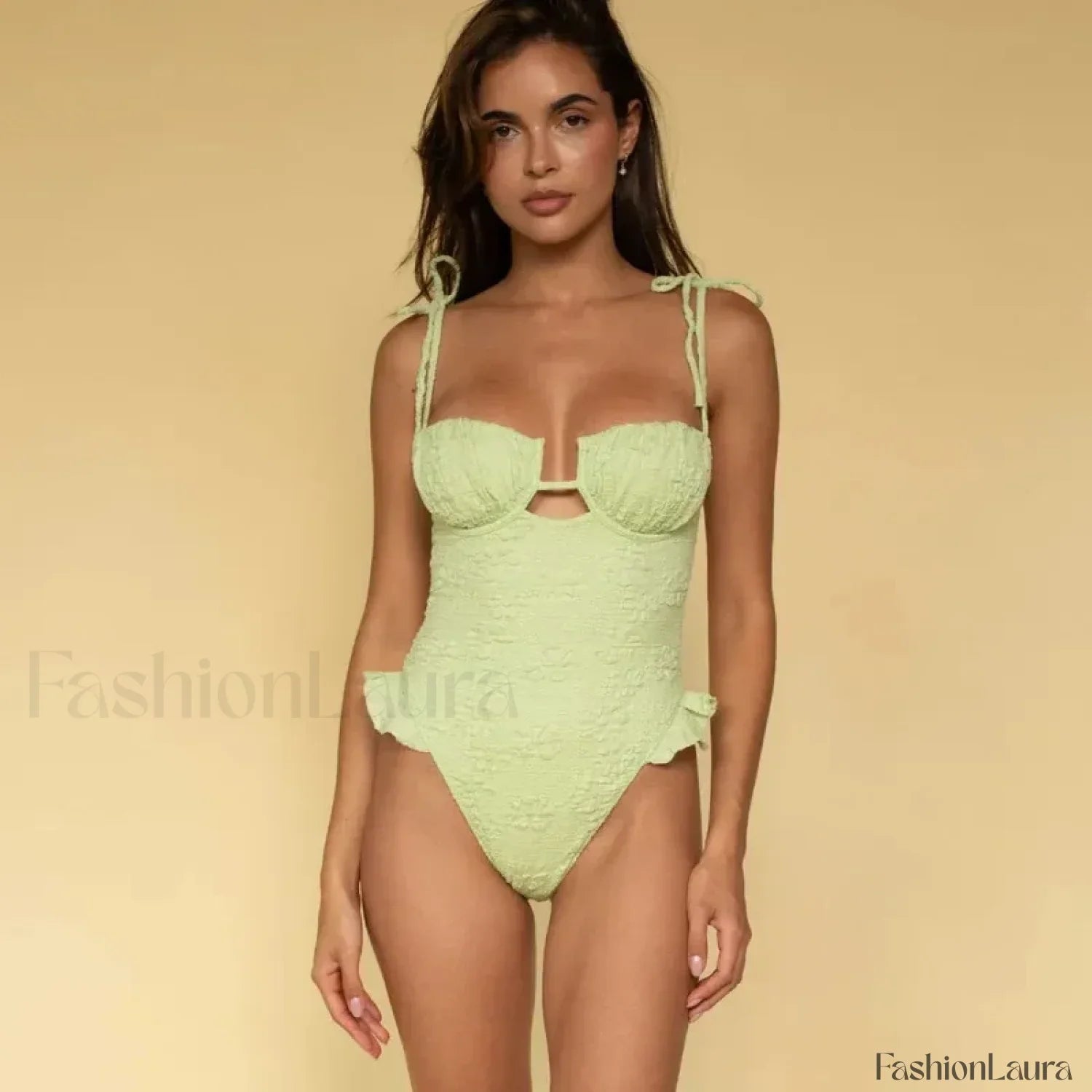 Ruffle V Neck Bathing One Piece green / S
