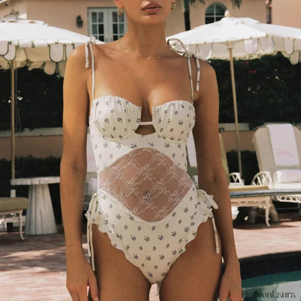 Ruffle V Neck Bathing One Piece white1 / S