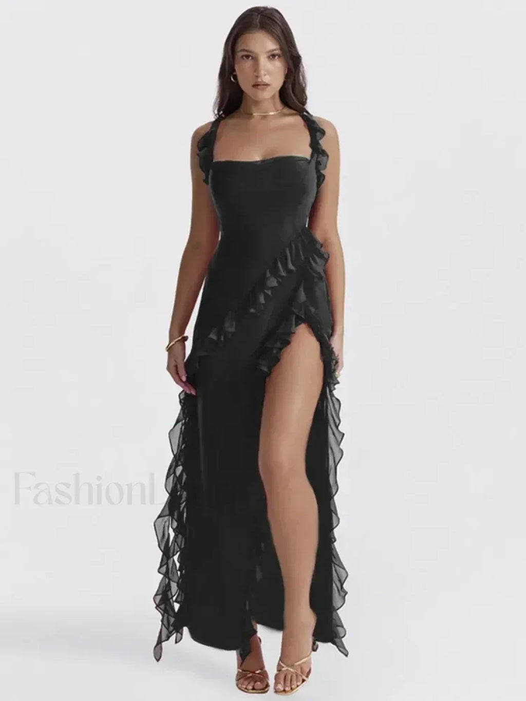 Ruffled Thigh Split Midi Dress