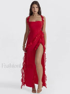 Ruffled Thigh Split Midi Dress