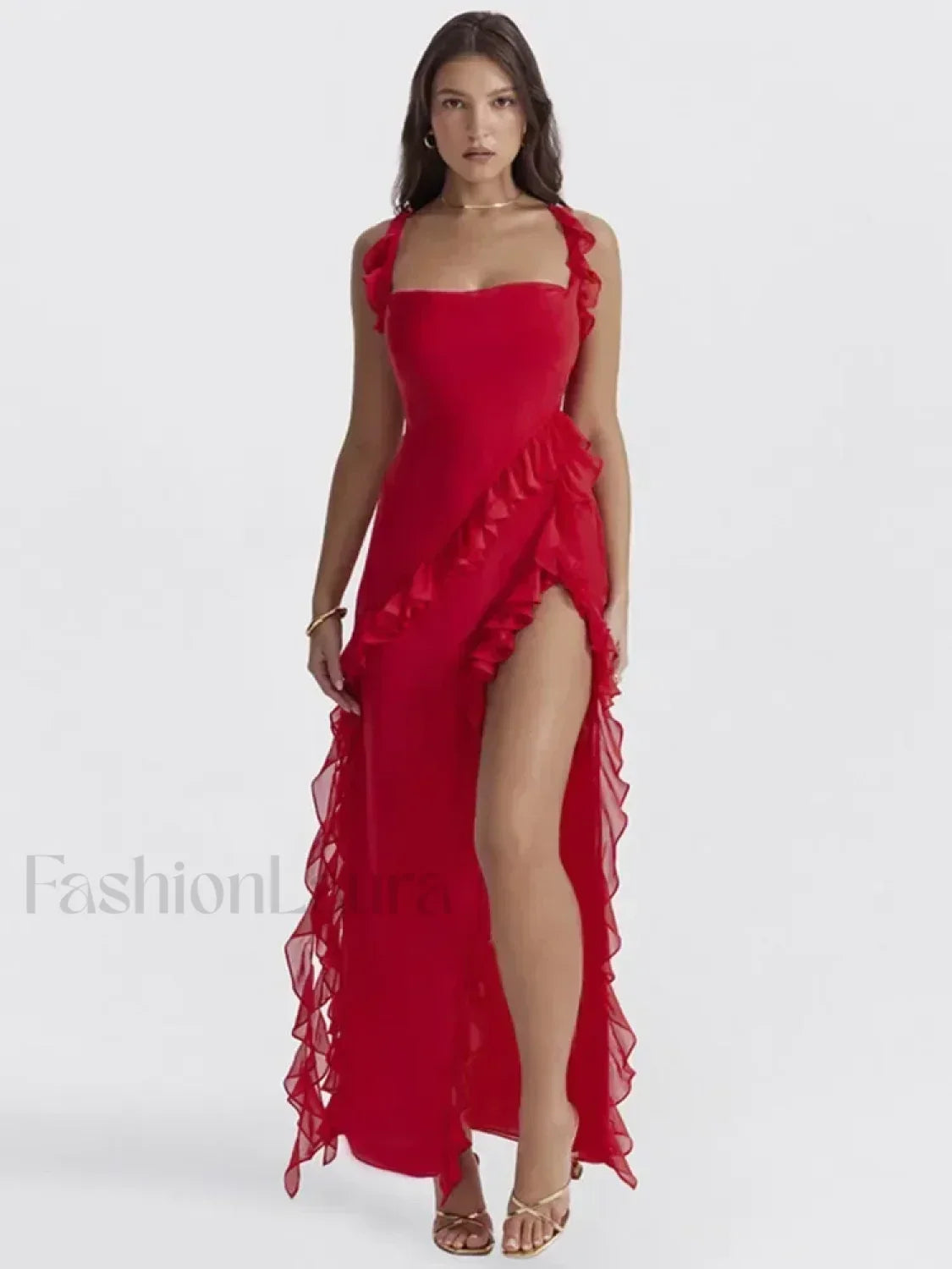 Ruffled Thigh Split Midi Dress