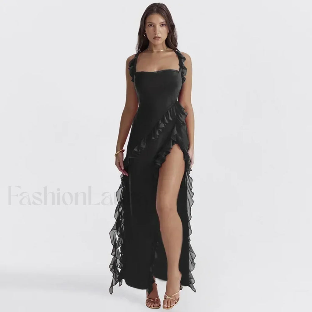 Ruffled Thigh Split Midi Dress Black / S