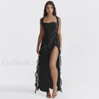 Ruffled Thigh Split Midi Dress Black / S