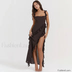 Ruffled Thigh Split Midi Dress Coffee / S