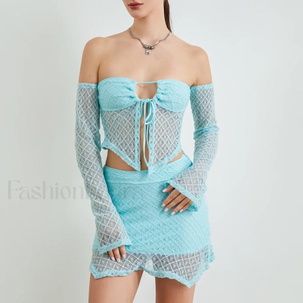 Sexy Crochet Knit Bodycon Skirt Two Piece Set