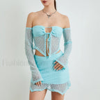 Sexy Crochet Knit Bodycon Skirt Two Piece Set