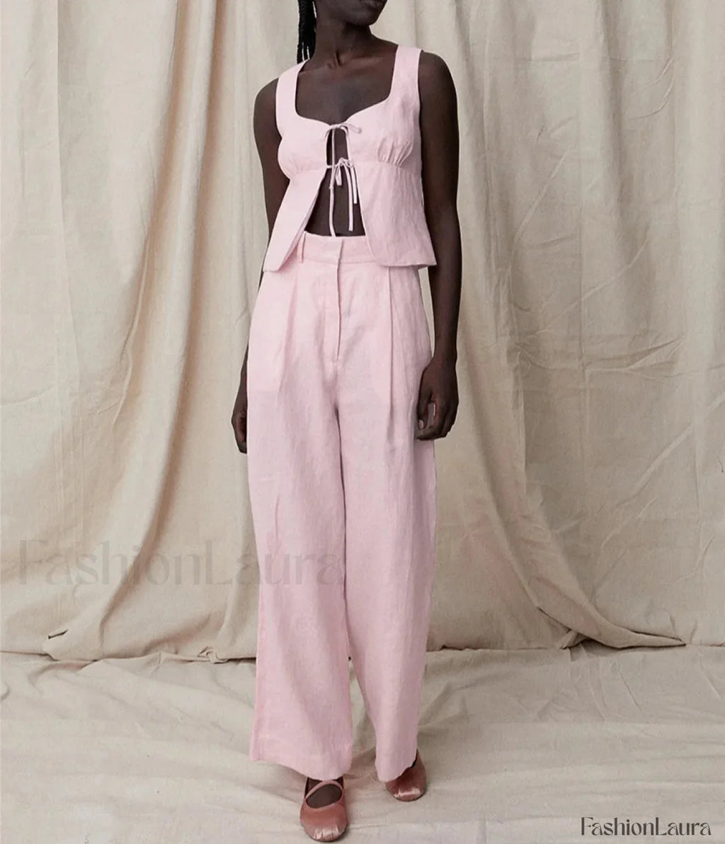 Sexy Pink Cotton Tank Wide Two Piece Set Pink / S