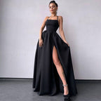 Solid Color High Split Lace Up Back Sleeveless Prom Maxi Dress Black S / Black Formal Dresses