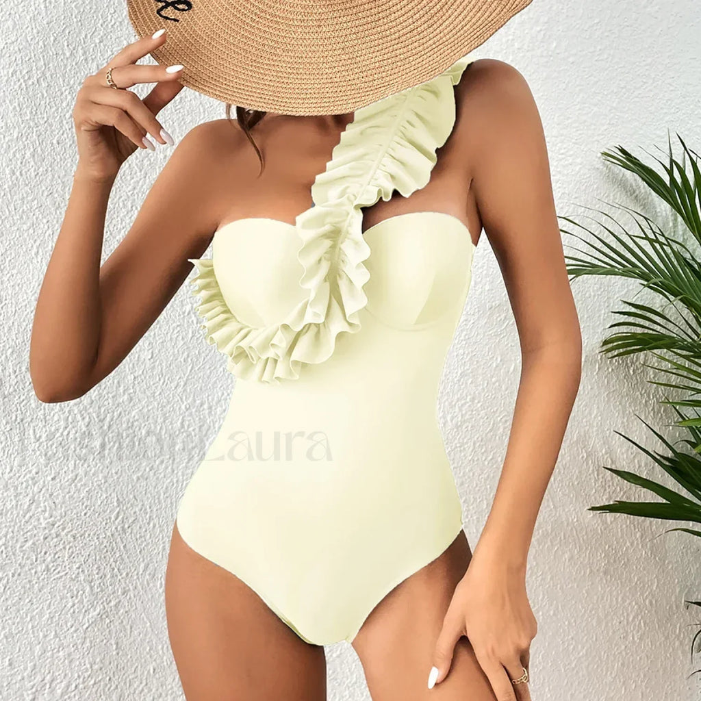 Sexy Solid Ruffle Yellow One Piece white2 / S