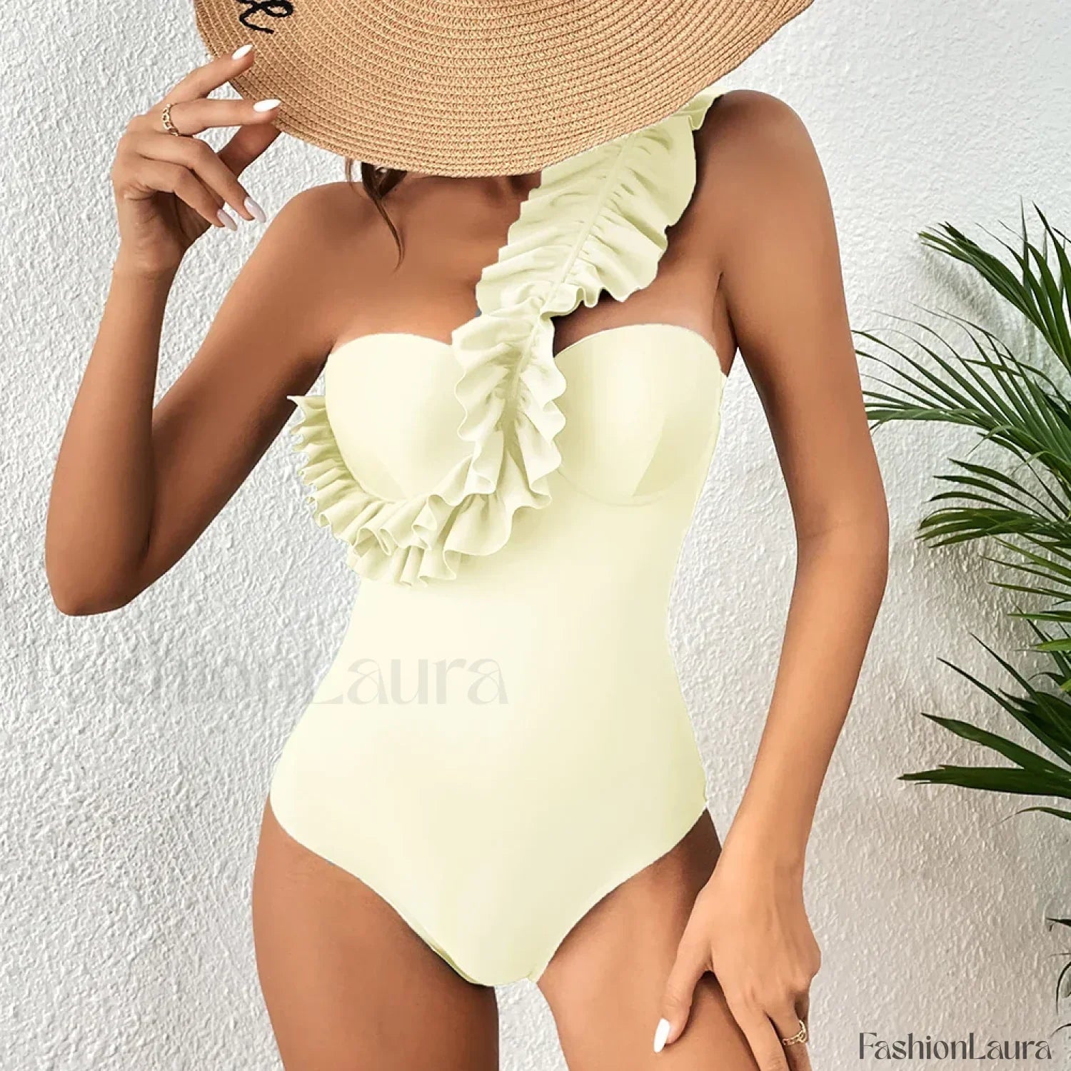Sexy Solid Ruffle Yellow One Piece white2 / S