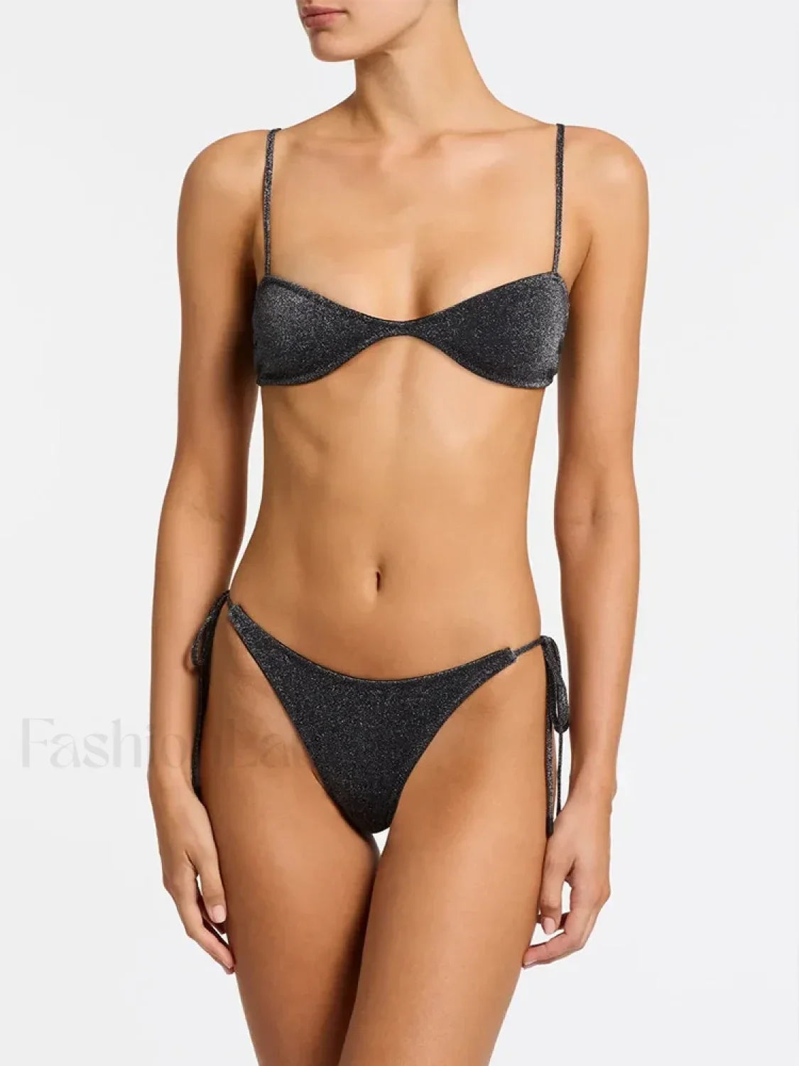 Shiny Solid Color Bikini Set Black / S