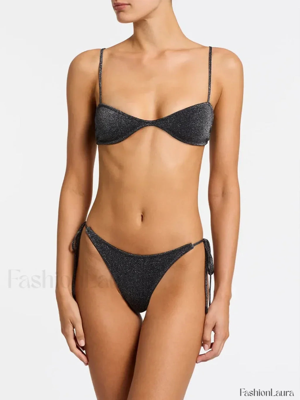 Shiny Solid Color Bikini Set Black / S