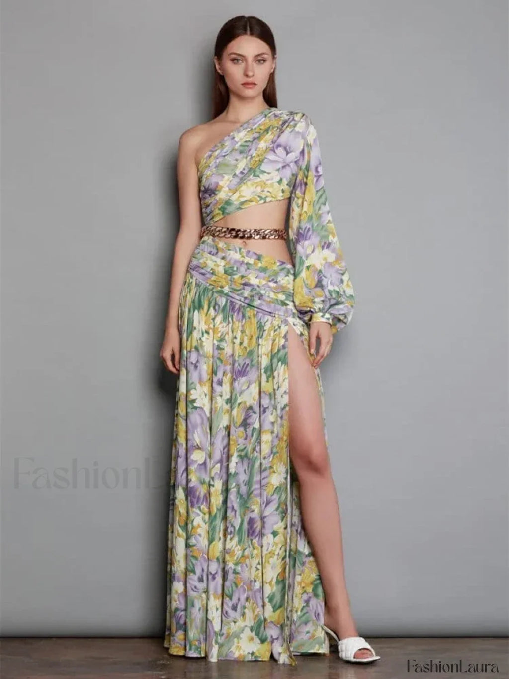 Slanted Chain Shoulder Floral Dress white1 / S