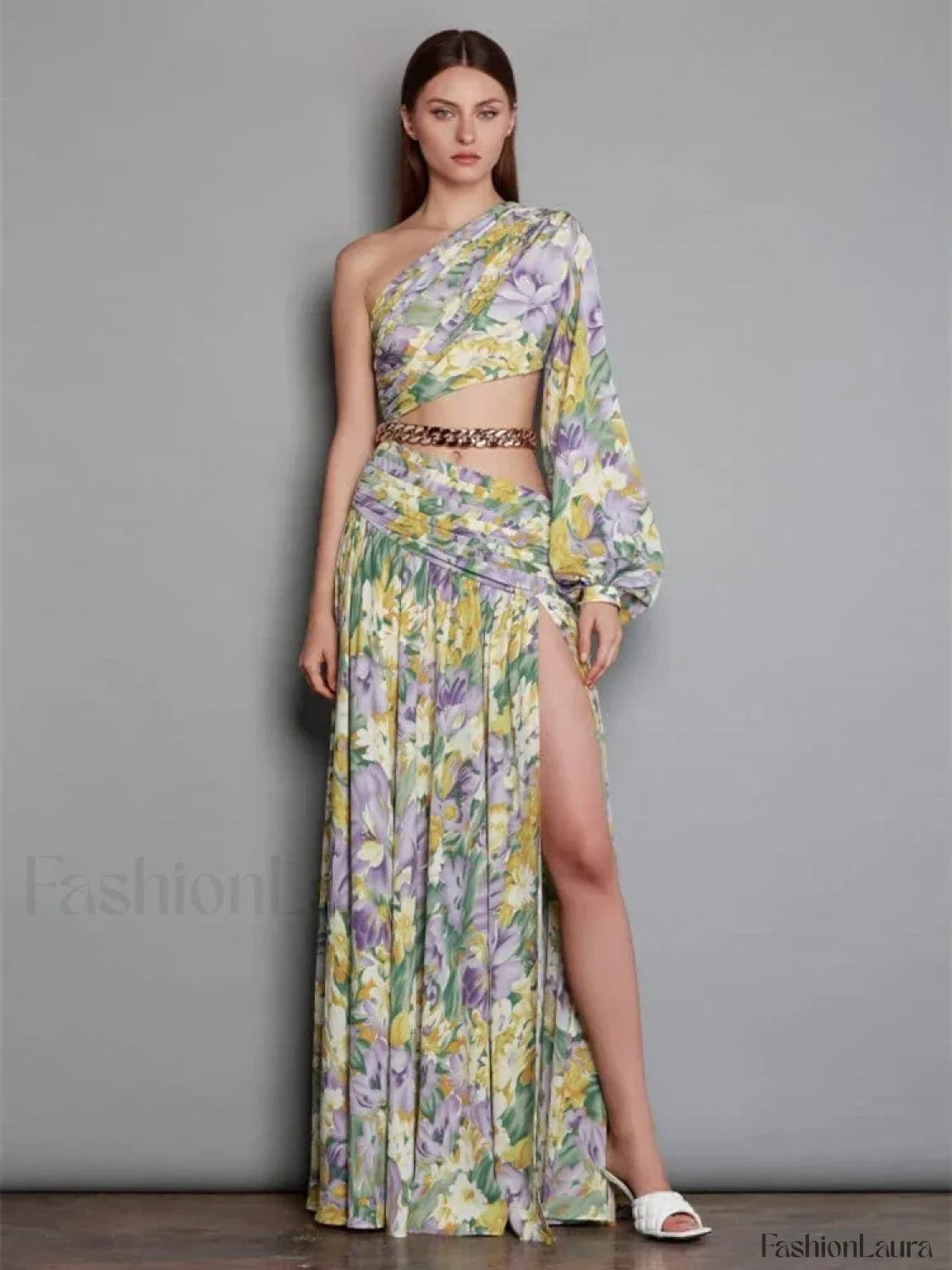 Slanted Chain Shoulder Floral Dress white1 / S