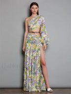 Slanted Chain Shoulder Floral Dress white1 / S