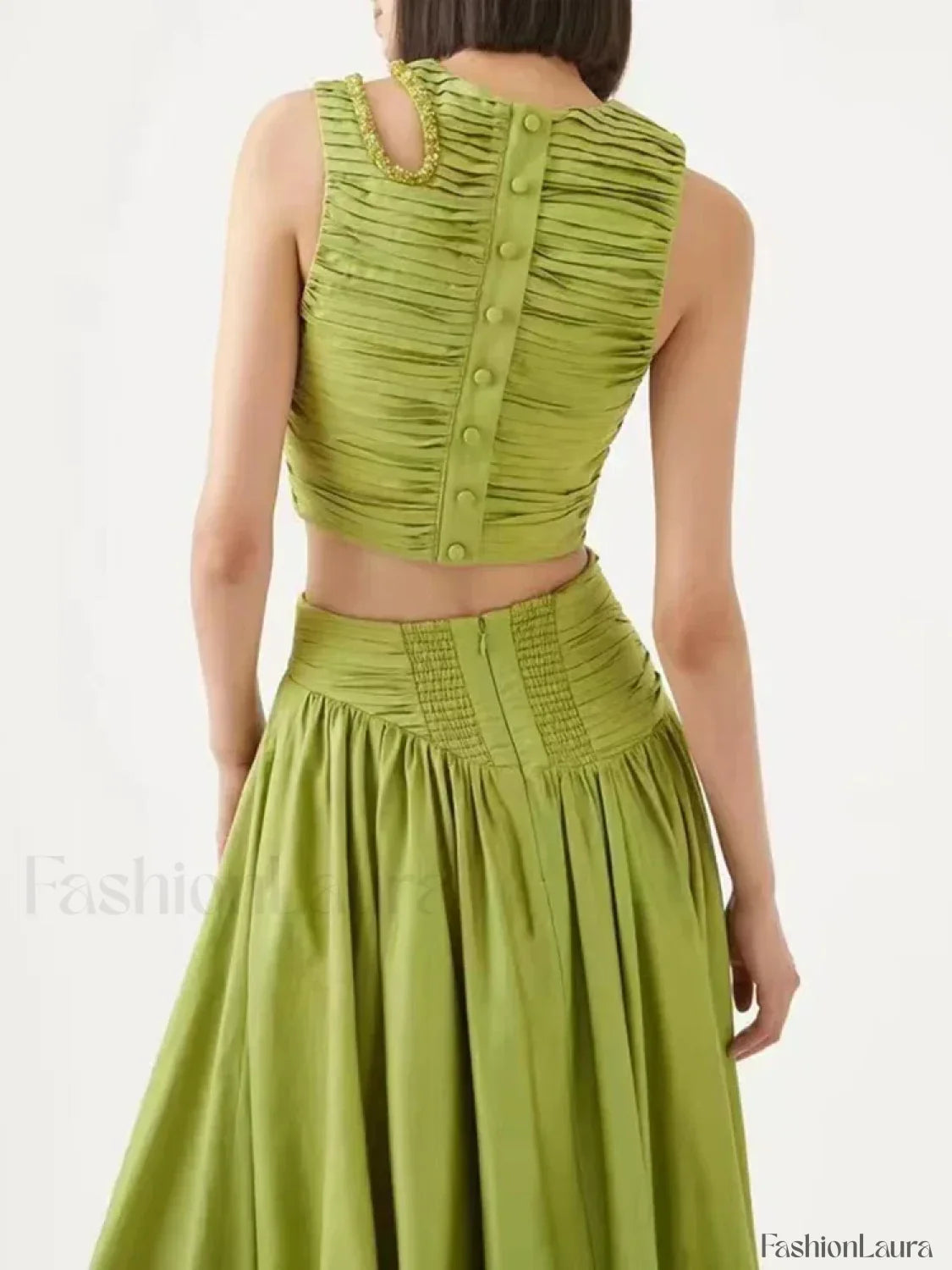 Slim Hollow Pleated Skirt Two Piece Set