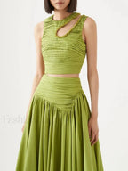 Slim Hollow Pleated Skirt Two Piece Set