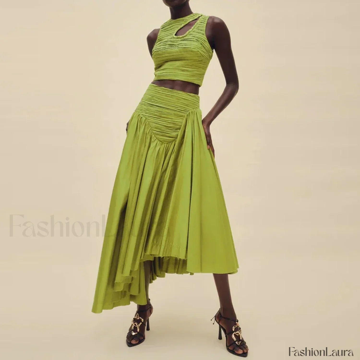 Slim Hollow Pleated Skirt Two Piece Set Green / S