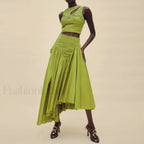 Slim Hollow Pleated Skirt Two Piece Set Green / S