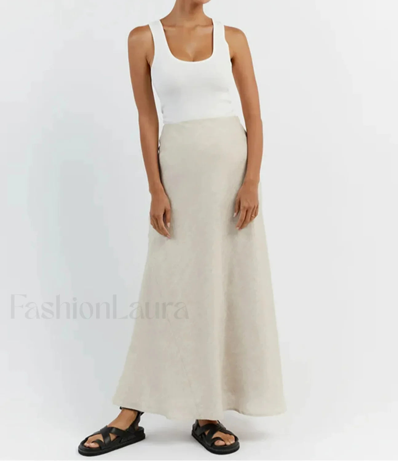 Slim Khaki Linen Tank Skirt Two Piece Set