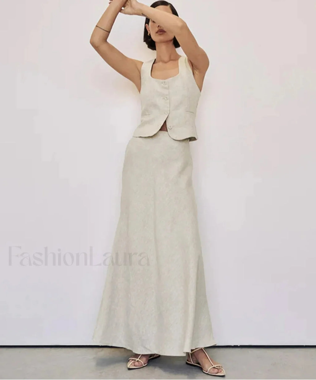 Slim Khaki Linen Tank Skirt Two Piece Set Khaki / S