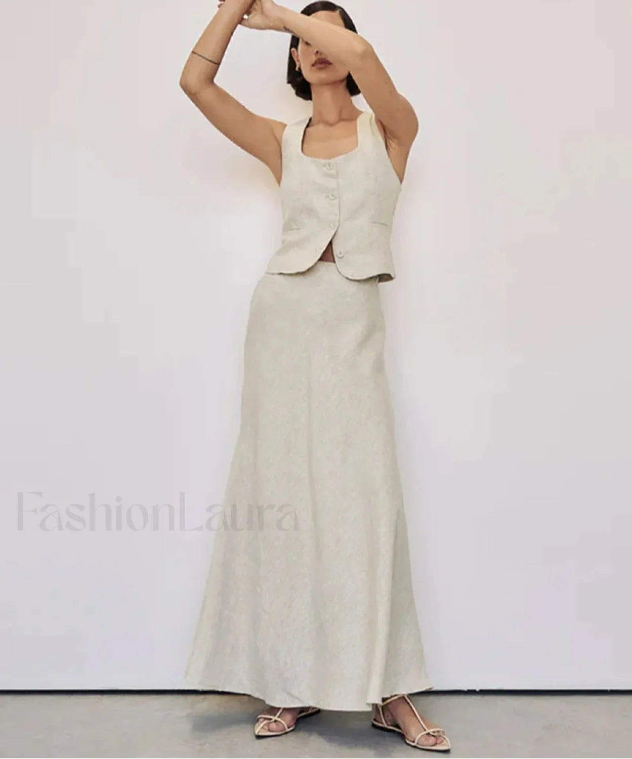 Slim Khaki Linen Tank Skirt Two Piece Set Khaki / S