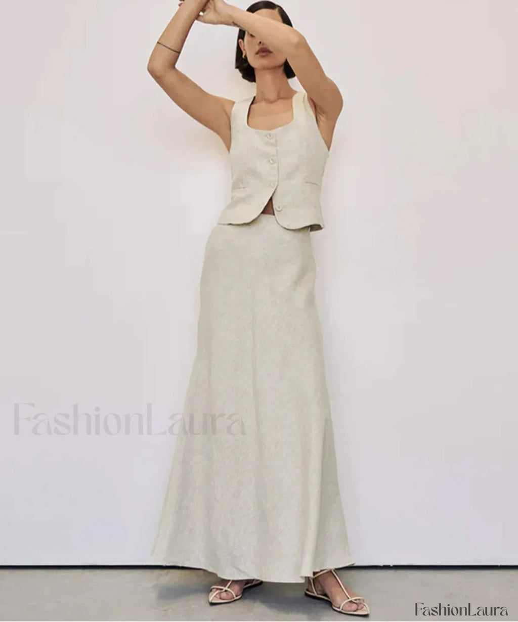Slim Khaki Linen Tank Skirt Two Piece Set Khaki / S