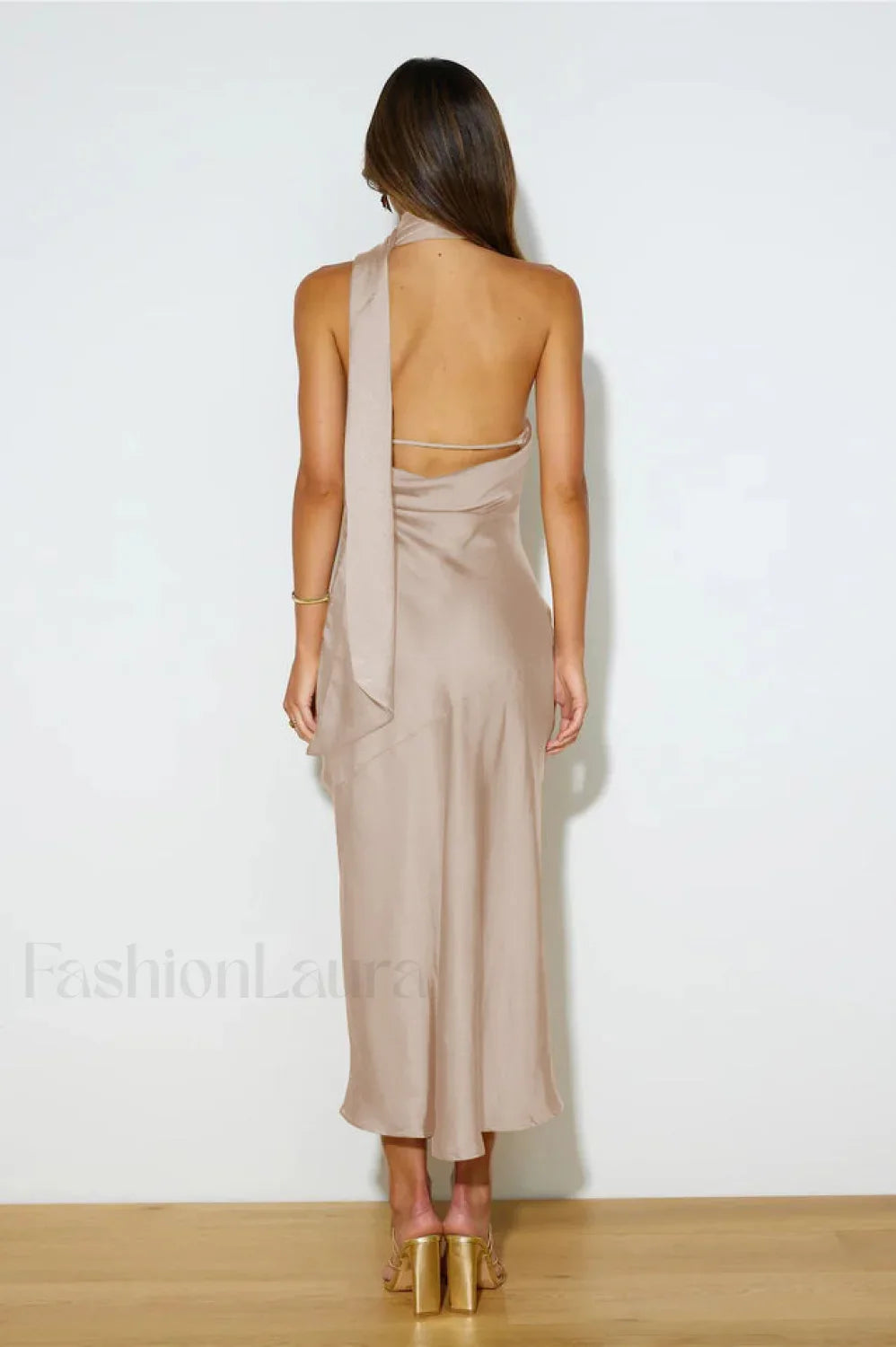 Slinky Open Back Charming Halter Satin Dress