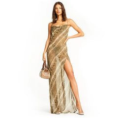 Snake Chiffon  Long Party Sheer Backless Elegant Autumn Clothes Midi Dresses