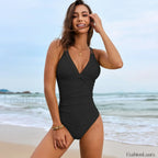 Solid Color Conservative One Piece Black / S