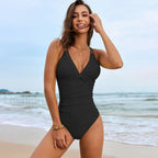 Solid Color Conservative One Piece Black / S