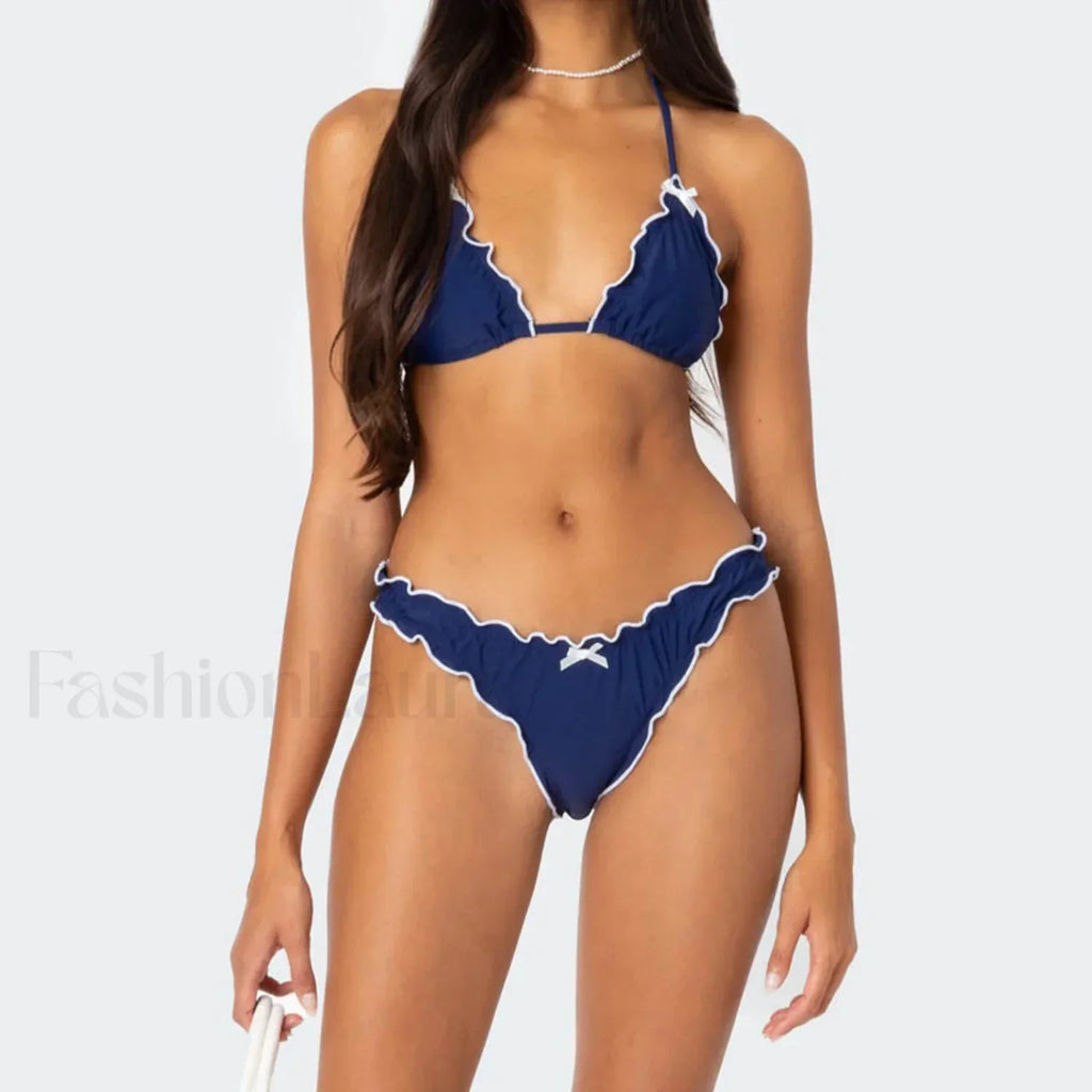 Solid Color Lettuce Trim Bikini Set Blue / S