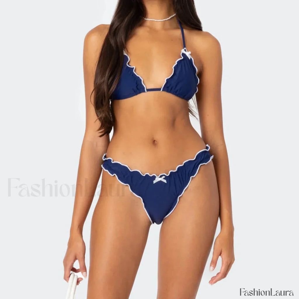 Solid Color Lettuce Trim Bikini Set Blue / S