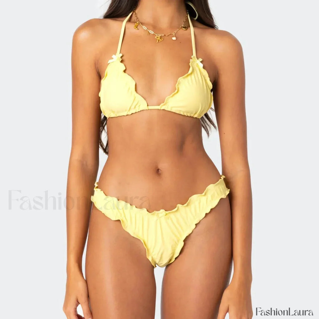 Solid Color Lettuce Trim Bikini Set Yellow / S